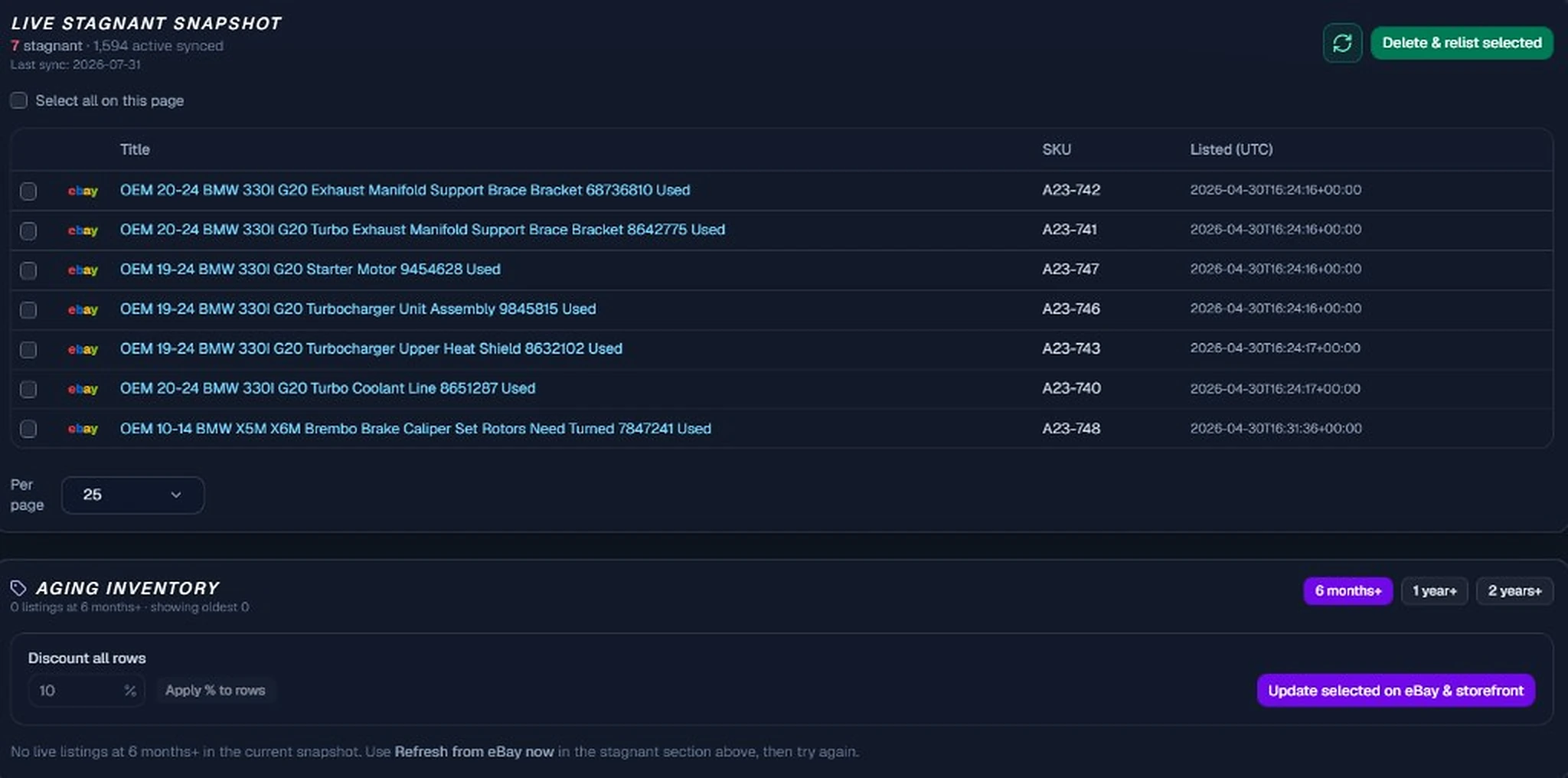 Stagnant listings snapshot and aging inventory tools: filter by 6 months / 1 year / 2 years, discount, and update on eBay and storefront