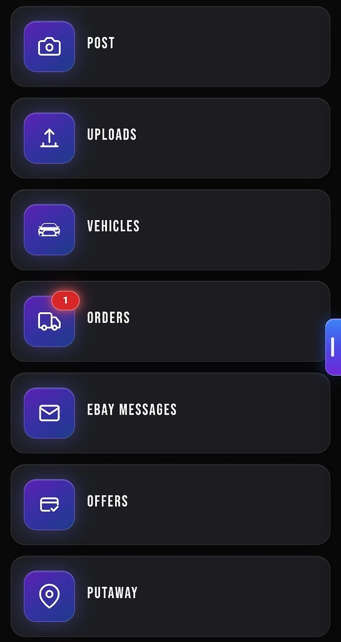 Posting app dashboard shortcuts in dark mode with Post, Uploads, Vehicles, Orders, and Putaway