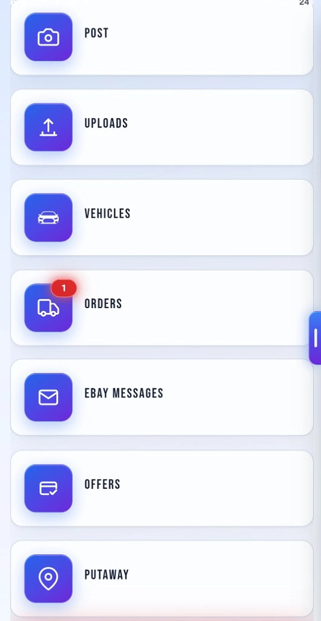 Posting app dashboard shortcuts in light mode: Post, Uploads, Vehicles, Orders, eBay Messages, Offers, Putaway