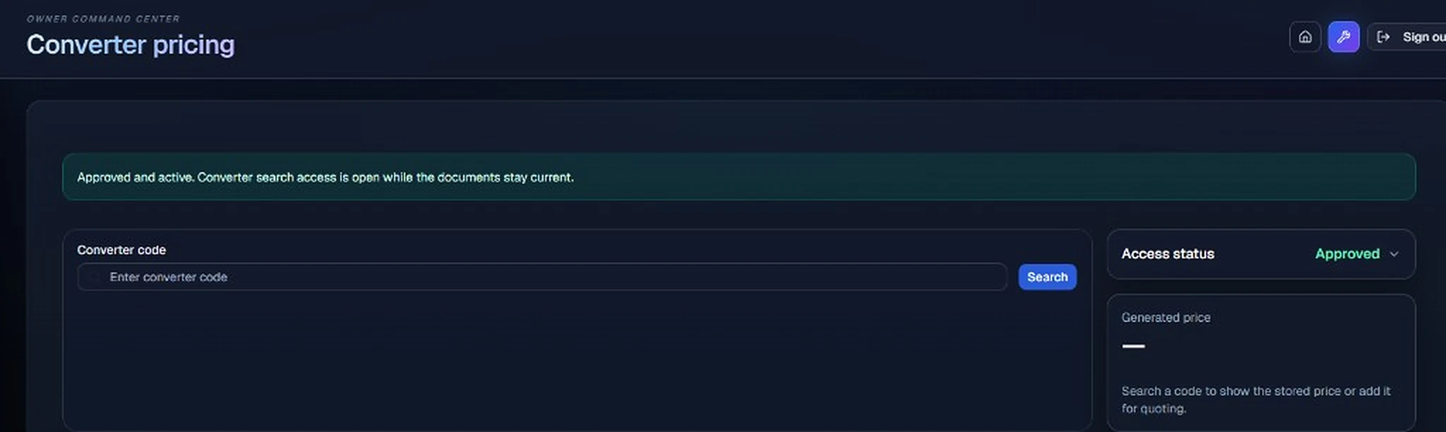 Enterprise converter pricing lookup: approved sellers enter a converter code for negotiated, top-tier pricing