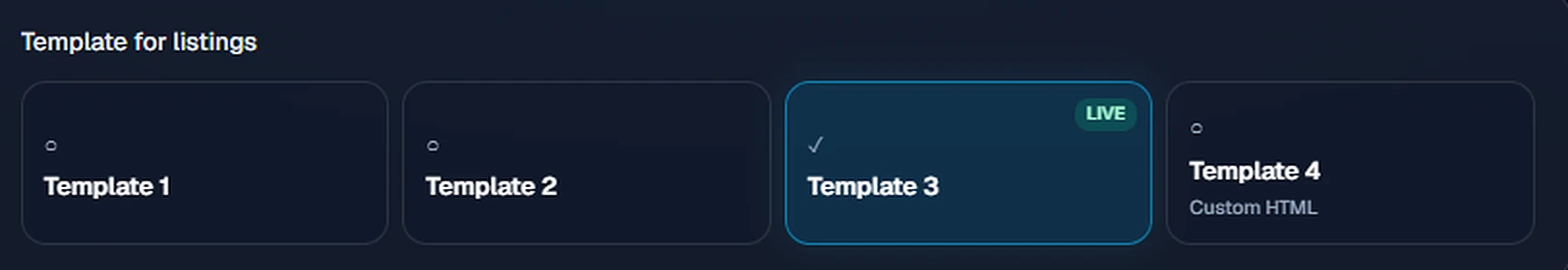 Listing template picker: Template 1–3 built-in generators plus Template 4 custom listing description template, with Template 3 live