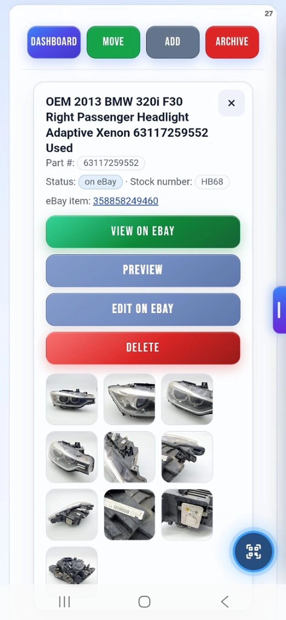 After scanning a part QR: listing card with eBay link, preview, edit, and photo gallery