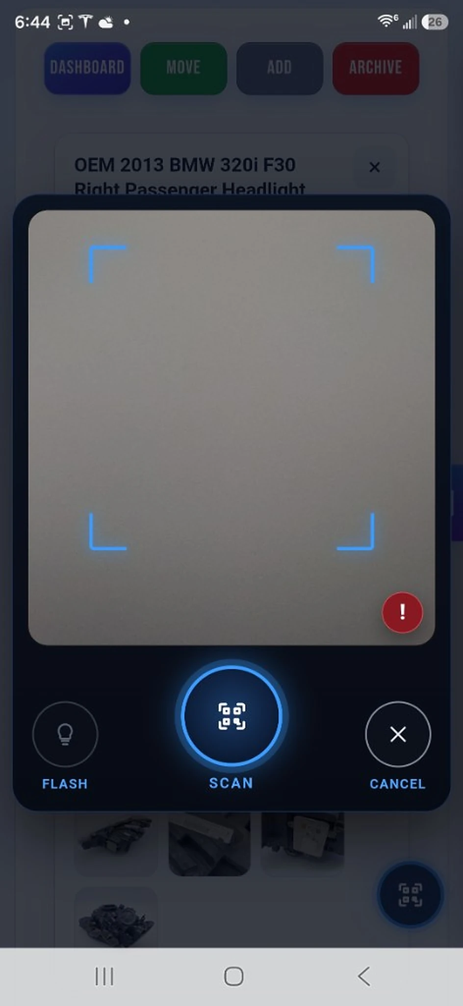 Mobile putaway scanner: scan a part or bin QR with flash, scan, and cancel controls
