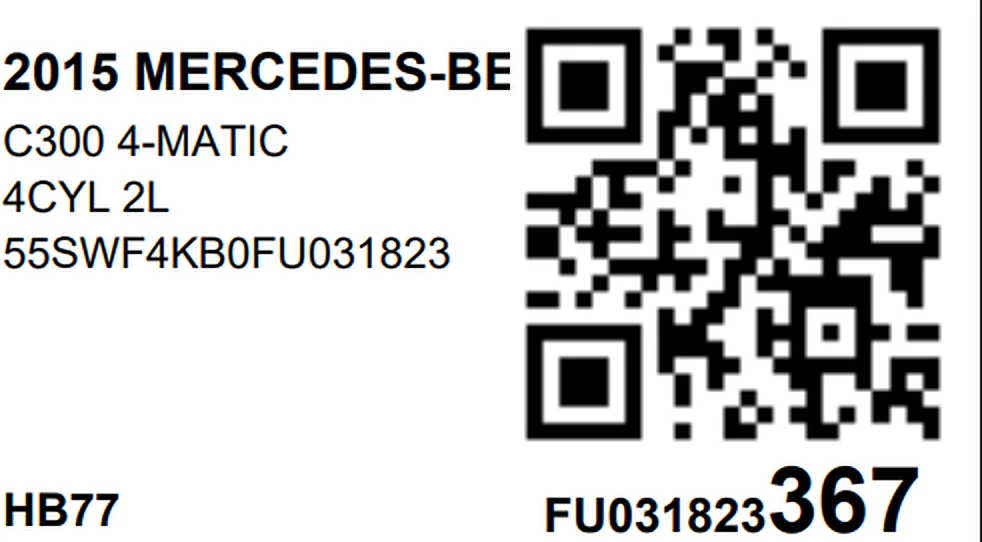 Printed QR vehicle label with year, make, model, engine, VIN, stock number, and scan code