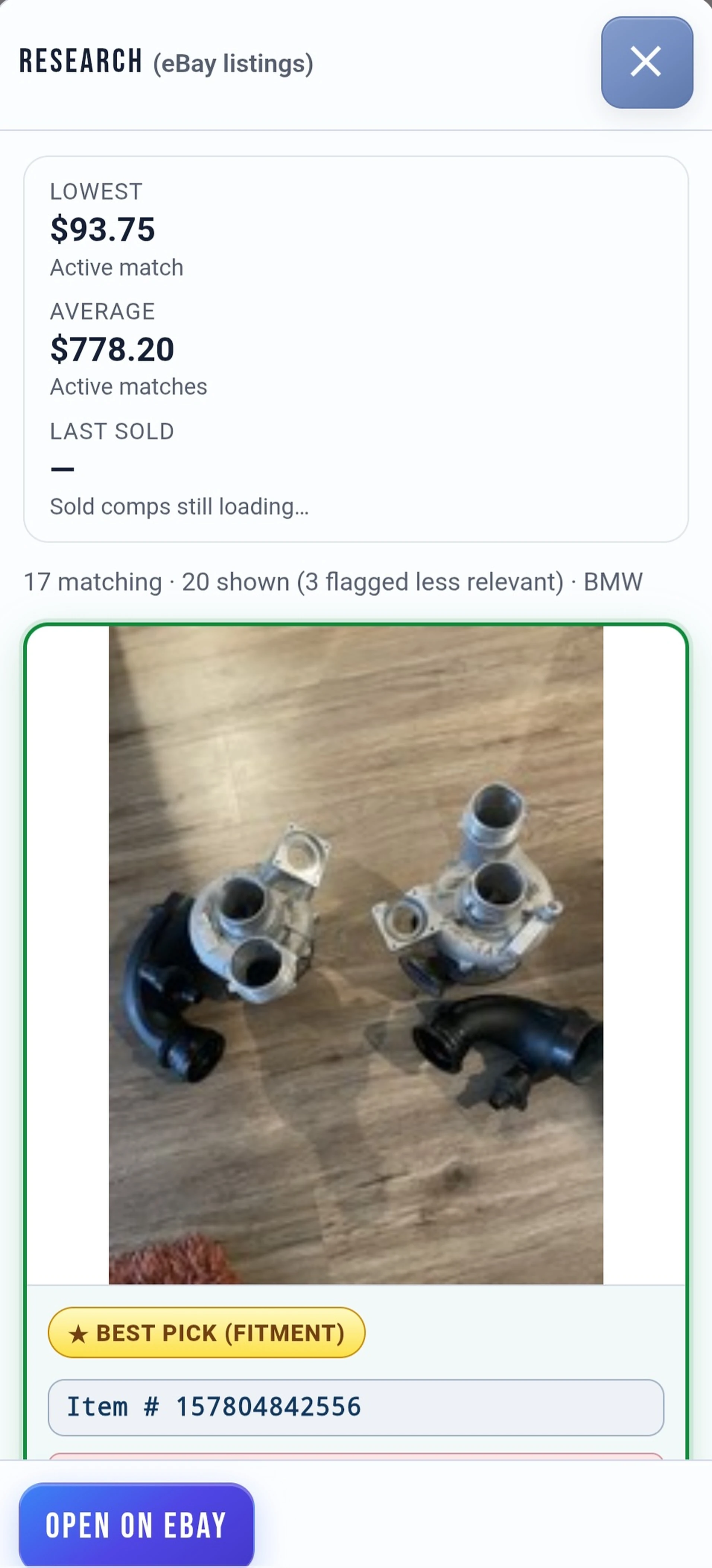 eBay Research in the Salvage Logix posting app: lowest and average live comps, best-pick fitment, and Open on eBay