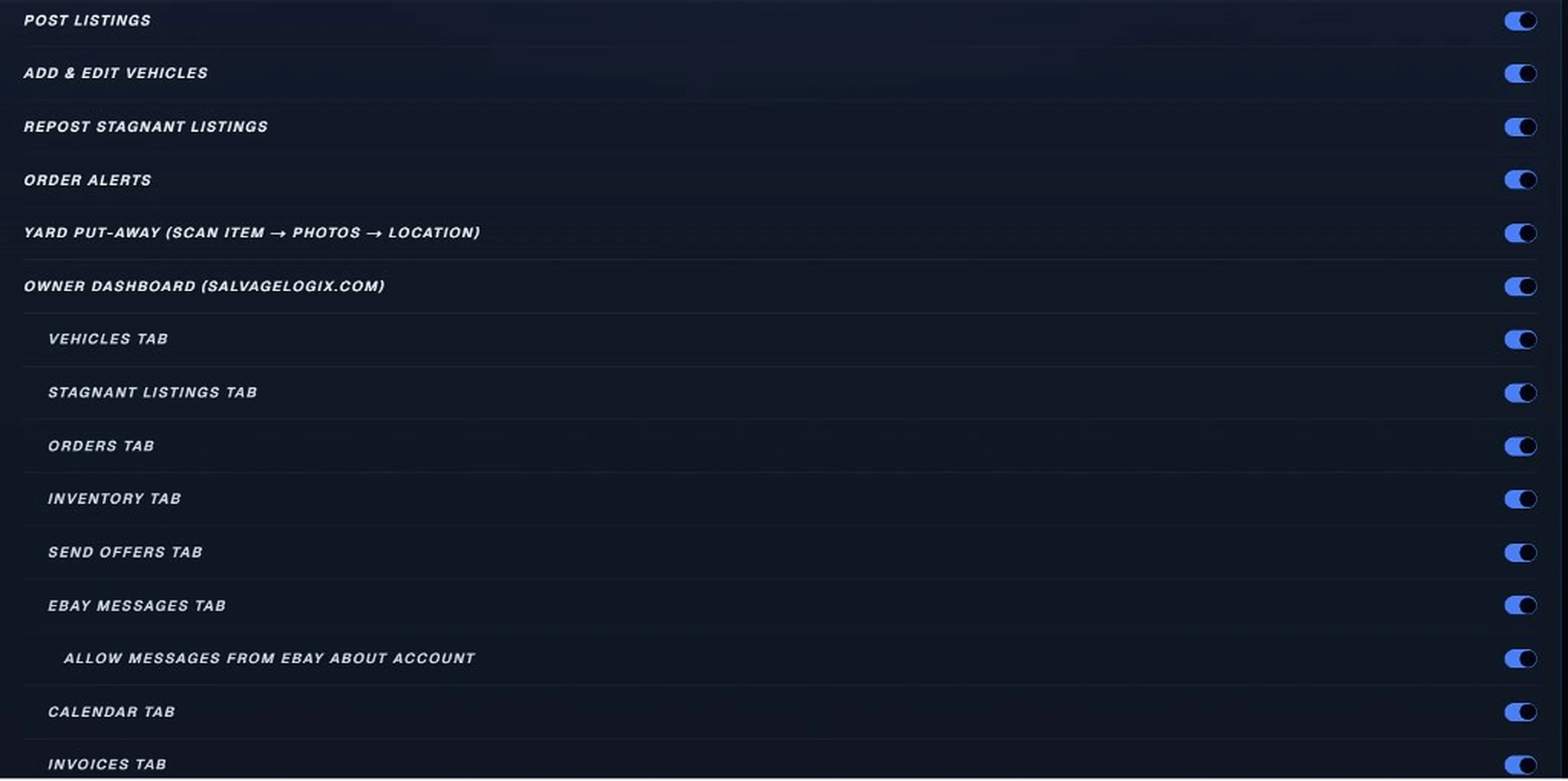 Team member permissions: toggle access for posting, vehicles, putaway, owner dashboard tabs, and more