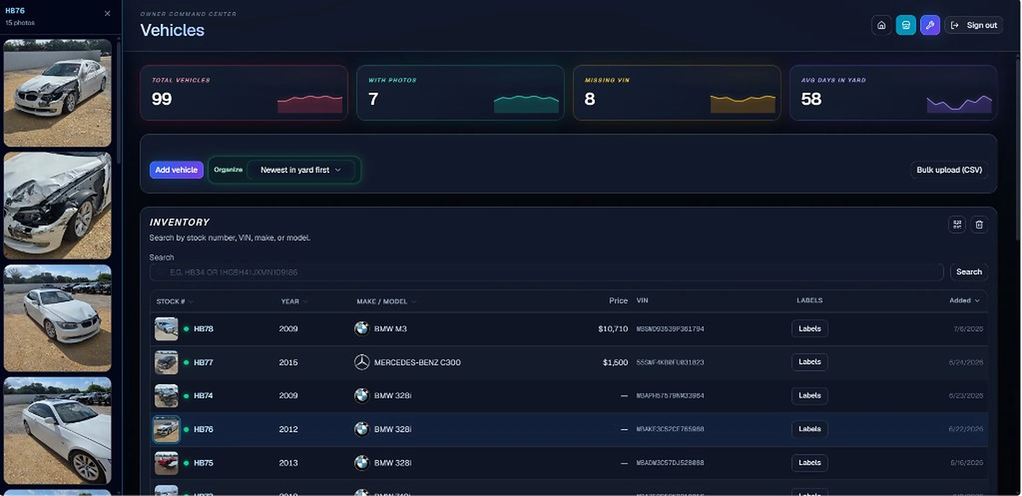 Vehicle inventory with search, stock list, and quick preview photo gallery for a selected donor
